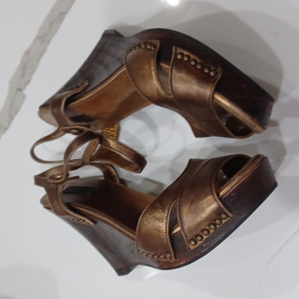 Prada Gold/Bronze Metallic Wooden Wedge Heels EU 37 - Picture 9 of 13